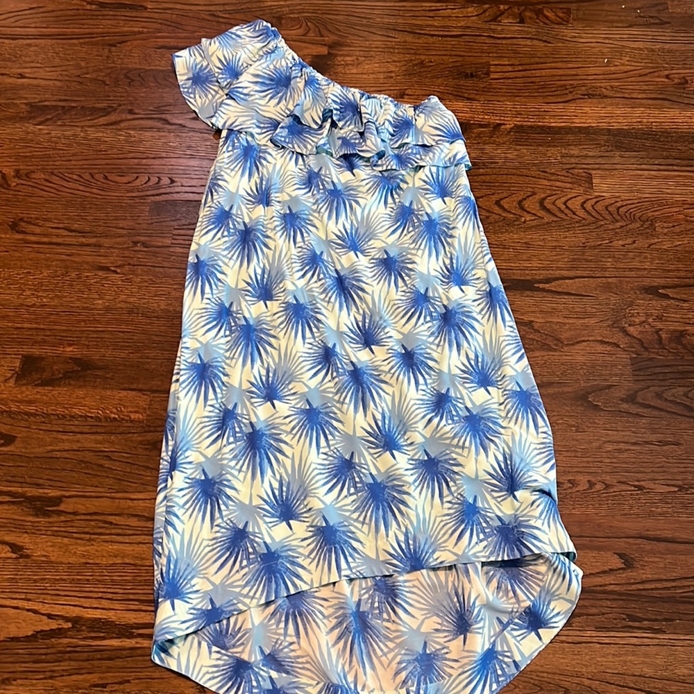 Vineyard Vines One-Shoulder Blue and White Palm Print Dress